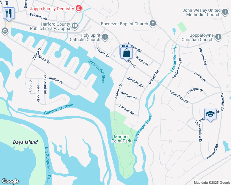 map of restaurants, bars, coffee shops, grocery stores, and more near 210 Kearney Drive in Joppatowne