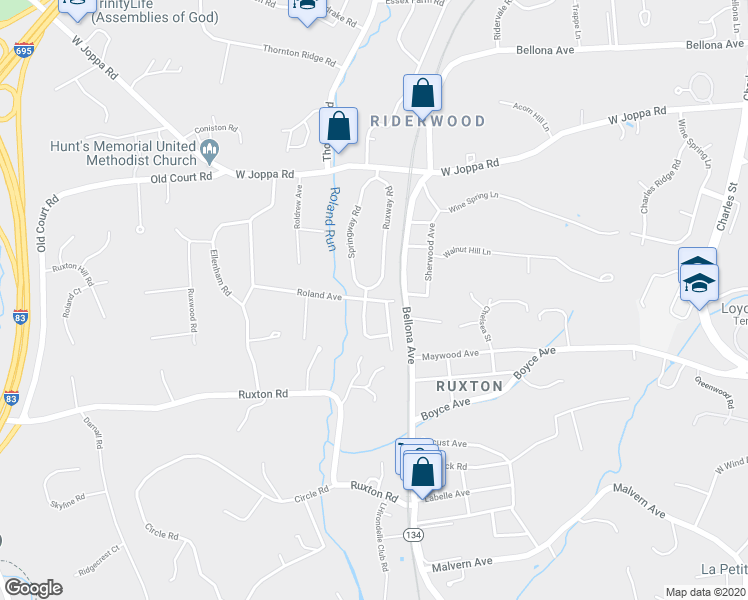 map of restaurants, bars, coffee shops, grocery stores, and more near 7901 Ruxway Road in Towson