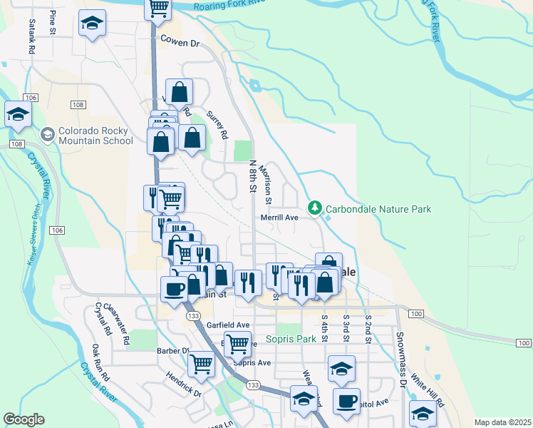 map of restaurants, bars, coffee shops, grocery stores, and more near 785 Merrill Avenue in Carbondale