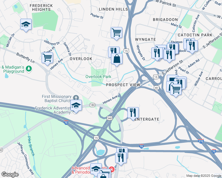 map of restaurants, bars, coffee shops, grocery stores, and more near 500 Bradley Court in Frederick