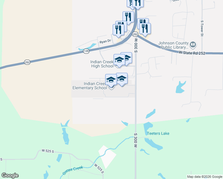 map of restaurants, bars, coffee shops, grocery stores, and more near 1002 South Indian Creek Drive in Trafalgar