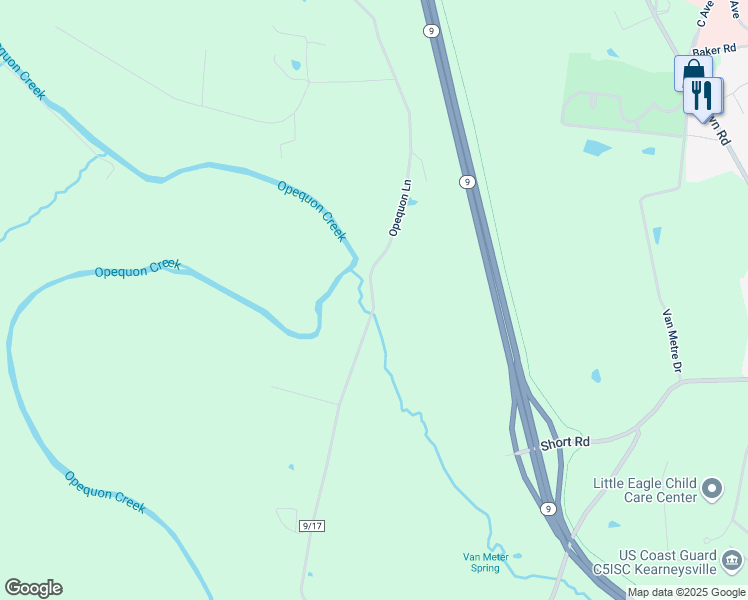 map of restaurants, bars, coffee shops, grocery stores, and more near Opequon Lane in Berkeley County