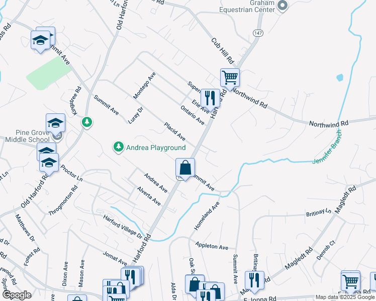 map of restaurants, bars, coffee shops, grocery stores, and more near 9914 Harford Road in Parkville