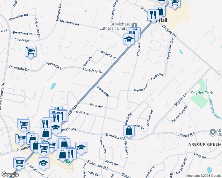 map of restaurants, bars, coffee shops, grocery stores, and more near 9409 Dana Vista Road in Nottingham