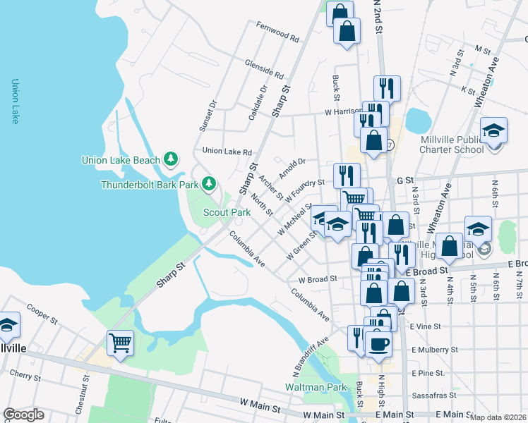 map of restaurants, bars, coffee shops, grocery stores, and more near 218 West Foundry Street in Millville