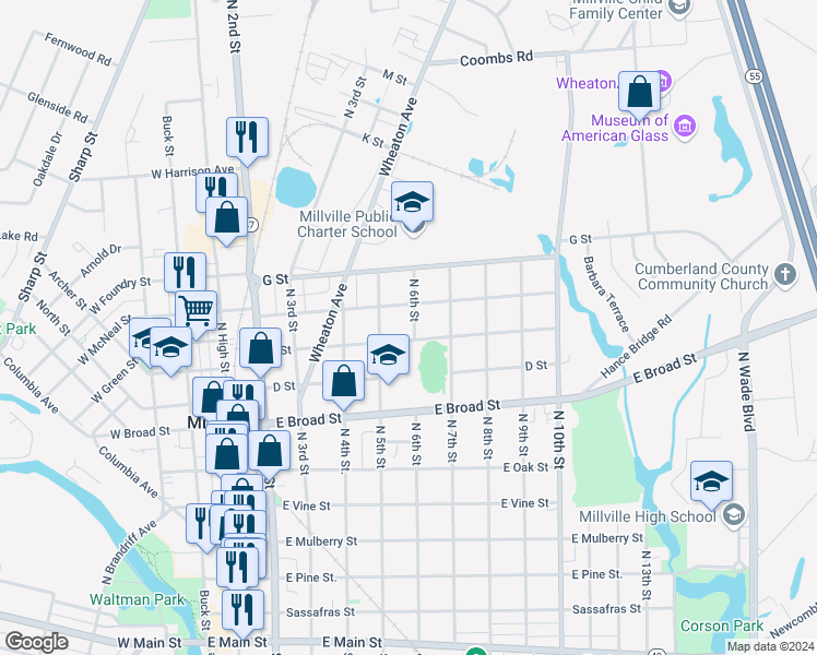 map of restaurants, bars, coffee shops, grocery stores, and more near 804 North 6th Street in Millville