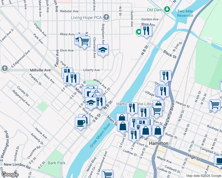 map of restaurants, bars, coffee shops, grocery stores, and more near 200 North C Street in Hamilton
