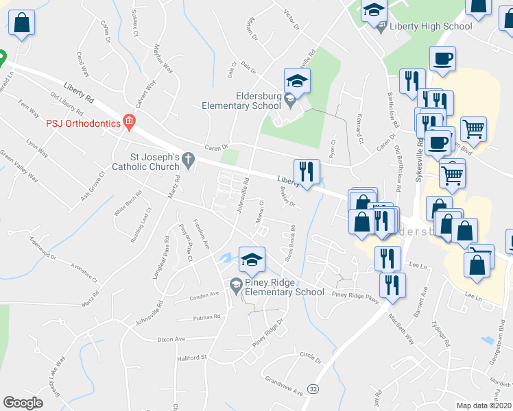 map of restaurants, bars, coffee shops, grocery stores, and more near 961 Johnsville Road in Sykesville