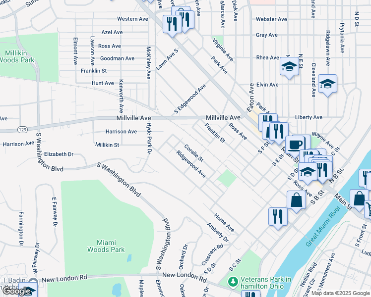 map of restaurants, bars, coffee shops, grocery stores, and more near 727 Coralie Street in Hamilton