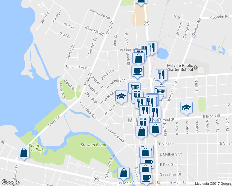 map of restaurants, bars, coffee shops, grocery stores, and more near 115 West McNeal Street in Millville