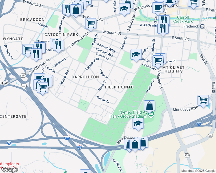 map of restaurants, bars, coffee shops, grocery stores, and more near 412 White Oak Place in Frederick