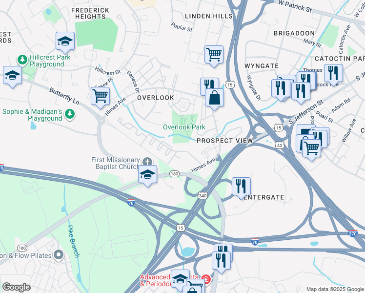 map of restaurants, bars, coffee shops, grocery stores, and more near 903 Mansion Drive in Frederick