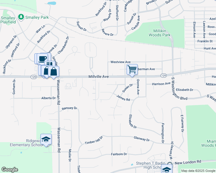 map of restaurants, bars, coffee shops, grocery stores, and more near 1159 Dennis Lane in Hamilton