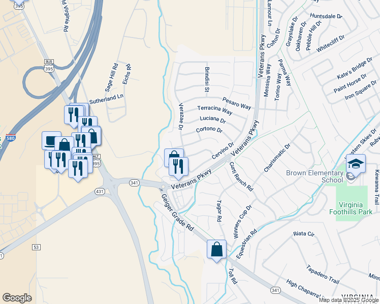 map of restaurants, bars, coffee shops, grocery stores, and more near 307 Bulluno Drive in Reno