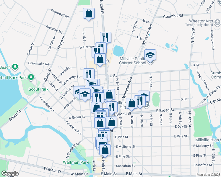 map of restaurants, bars, coffee shops, grocery stores, and more near 819 North 2nd Street in Millville