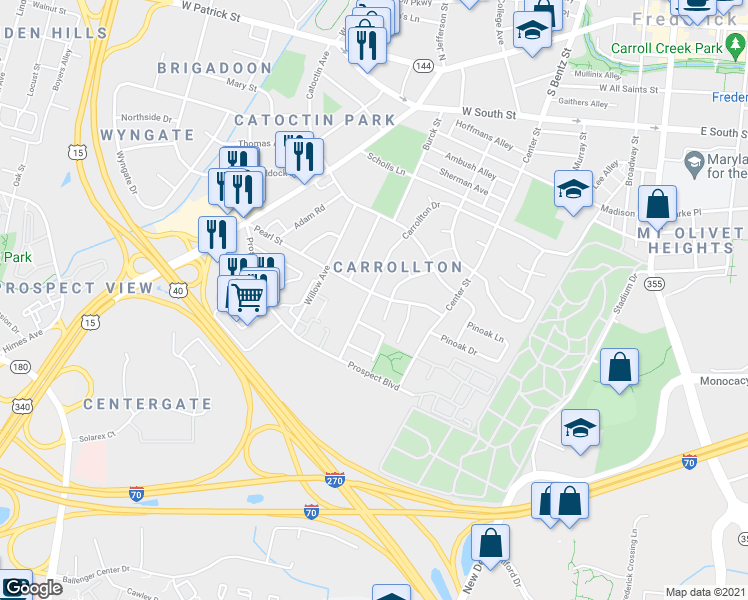 map of restaurants, bars, coffee shops, grocery stores, and more near 482 Carrollton Drive in Frederick
