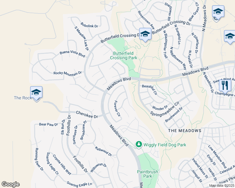map of restaurants, bars, coffee shops, grocery stores, and more near 4244 Forever Circle in Castle Rock