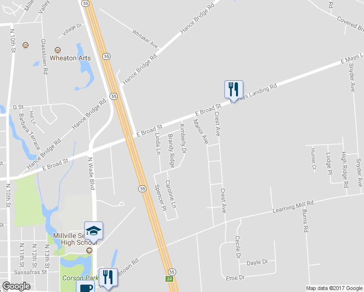 map of restaurants, bars, coffee shops, grocery stores, and more near 504 Kimberly Drive in Millville