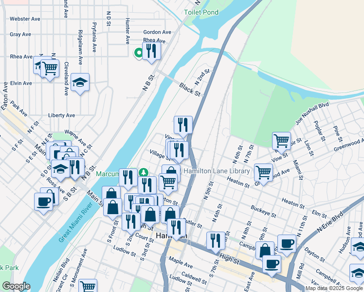 map of restaurants, bars, coffee shops, grocery stores, and more near 449 N 3rd St in Hamilton