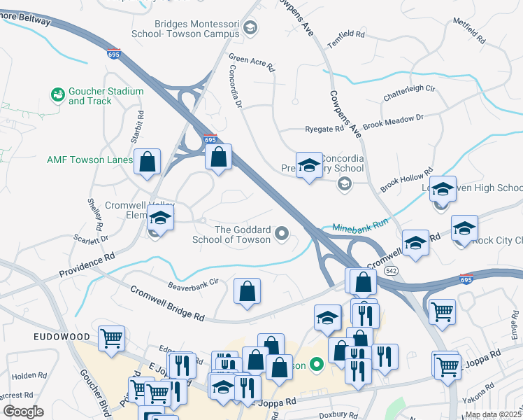 map of restaurants, bars, coffee shops, grocery stores, and more near 18 Ecoway Court in Towson