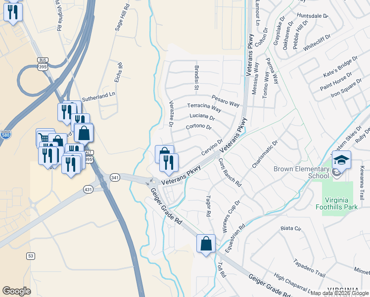 map of restaurants, bars, coffee shops, grocery stores, and more near 311 Bulluno Drive in Reno