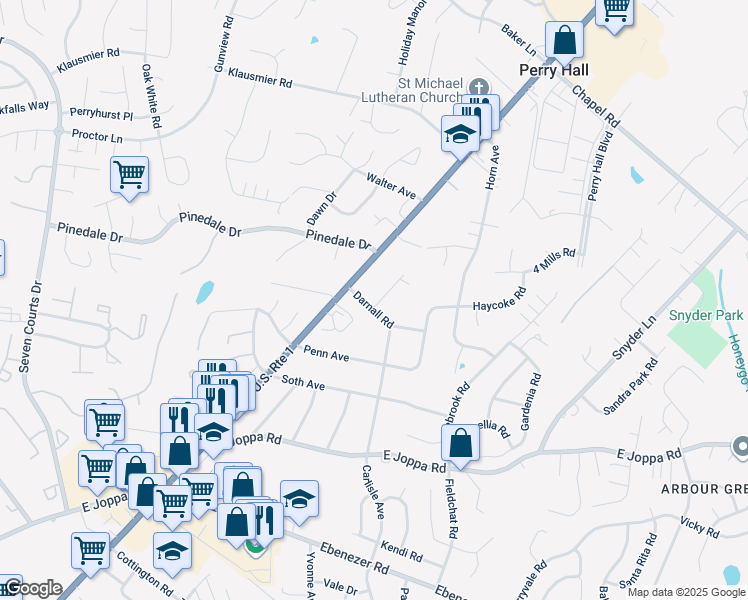 map of restaurants, bars, coffee shops, grocery stores, and more near 4208 Darnall Road in Nottingham
