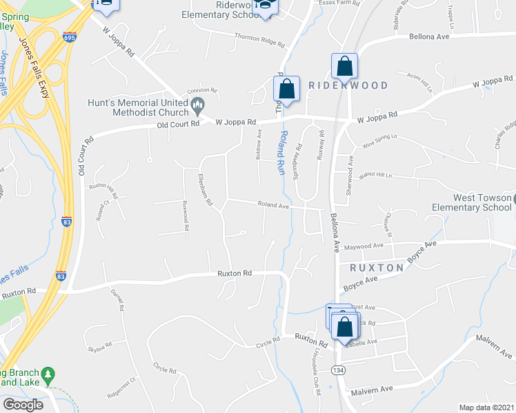 map of restaurants, bars, coffee shops, grocery stores, and more near 1803 Roland Avenue in Towson