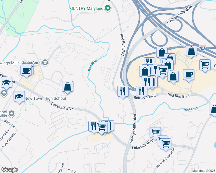 map of restaurants, bars, coffee shops, grocery stores, and more near 9301 Paragon Way in Owings Mills