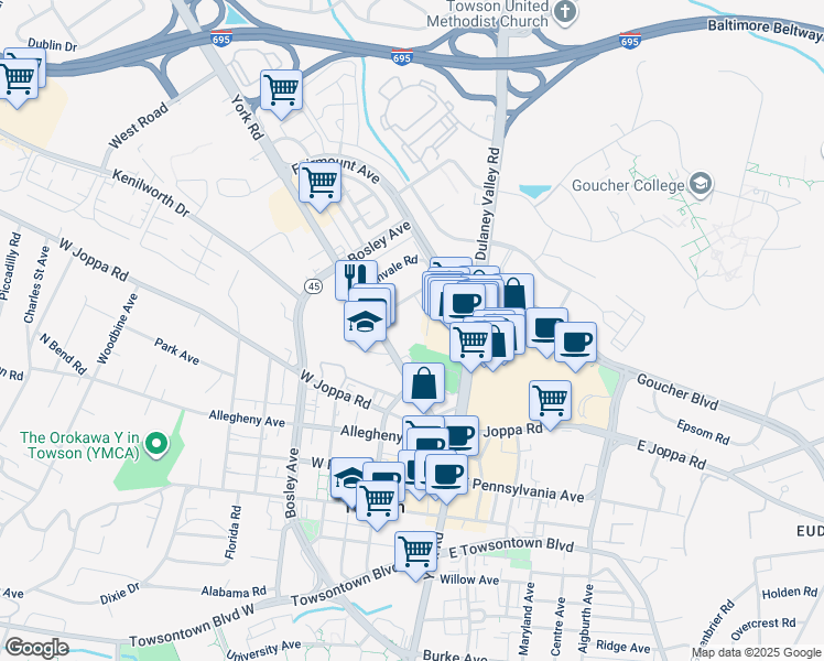 map of restaurants, bars, coffee shops, grocery stores, and more near 707 York Road in Towson
