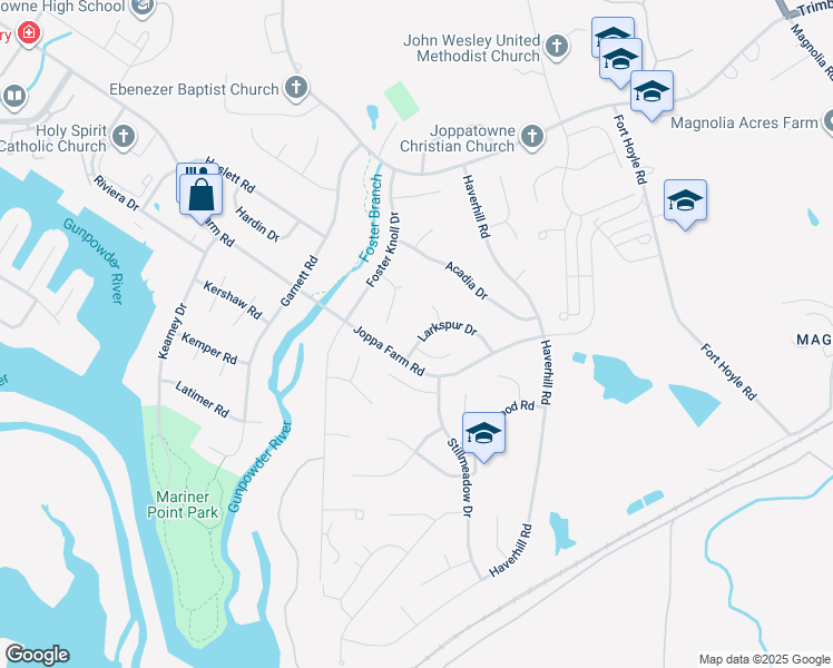 map of restaurants, bars, coffee shops, grocery stores, and more near 406 Larkspur Drive in Harford County