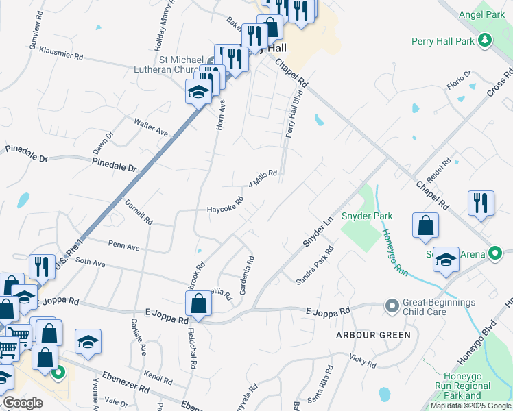 map of restaurants, bars, coffee shops, grocery stores, and more near 9338 Ramblebrook Road in Nottingham