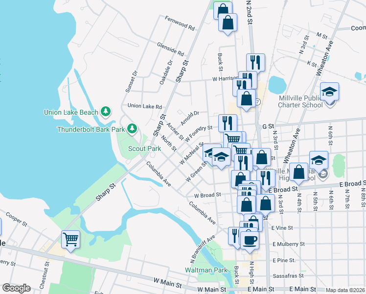 map of restaurants, bars, coffee shops, grocery stores, and more near 218 West Foundry Street in Millville