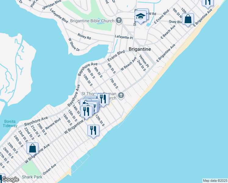 map of restaurants, bars, coffee shops, grocery stores, and more near 247 8th Street South in Brigantine