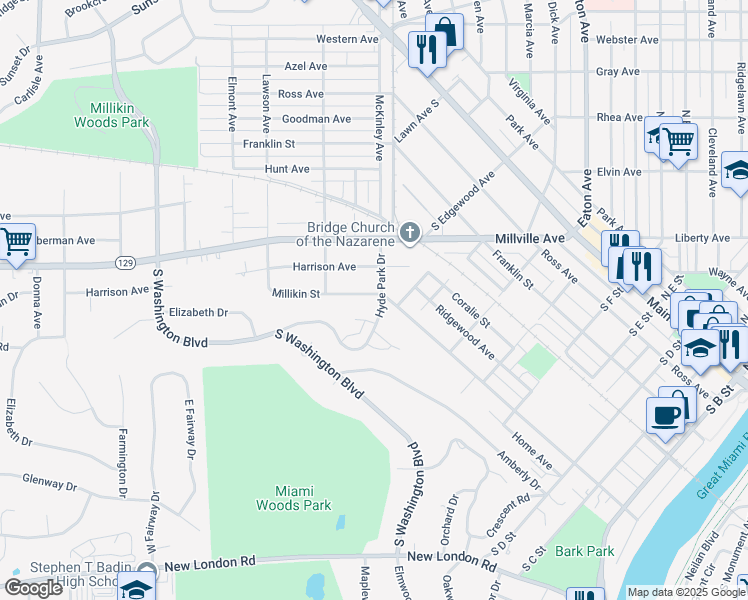 map of restaurants, bars, coffee shops, grocery stores, and more near 808 Millikin Street in Hamilton