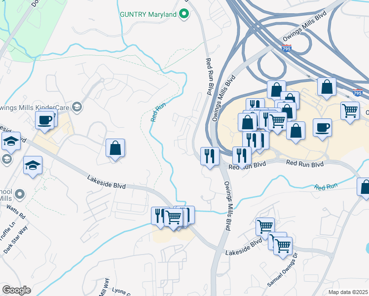 map of restaurants, bars, coffee shops, grocery stores, and more near 9301 Paragon Way in Owings Mills