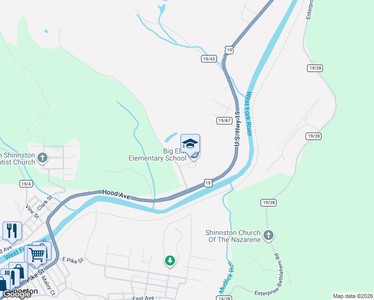 map of restaurants, bars, coffee shops, grocery stores, and more near 200 Tetrick Rd in Shinnston