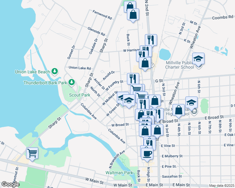 map of restaurants, bars, coffee shops, grocery stores, and more near 115 West McNeal Street in Millville