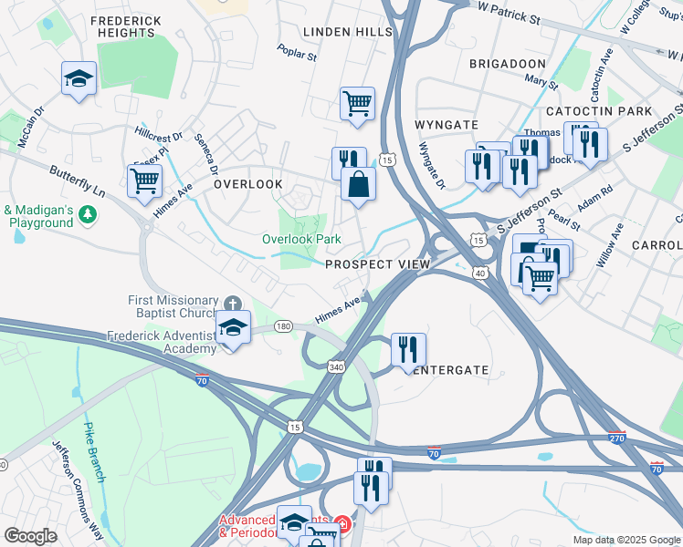 map of restaurants, bars, coffee shops, grocery stores, and more near 500 Bradley Court in Frederick