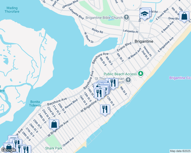 map of restaurants, bars, coffee shops, grocery stores, and more near 109 12th Street South in Brigantine
