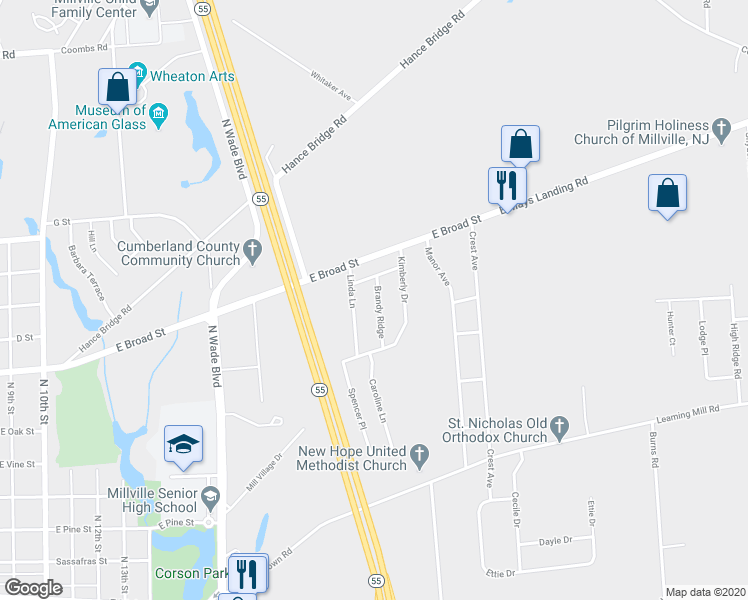 map of restaurants, bars, coffee shops, grocery stores, and more near 516 Brandy Ridge in Millville