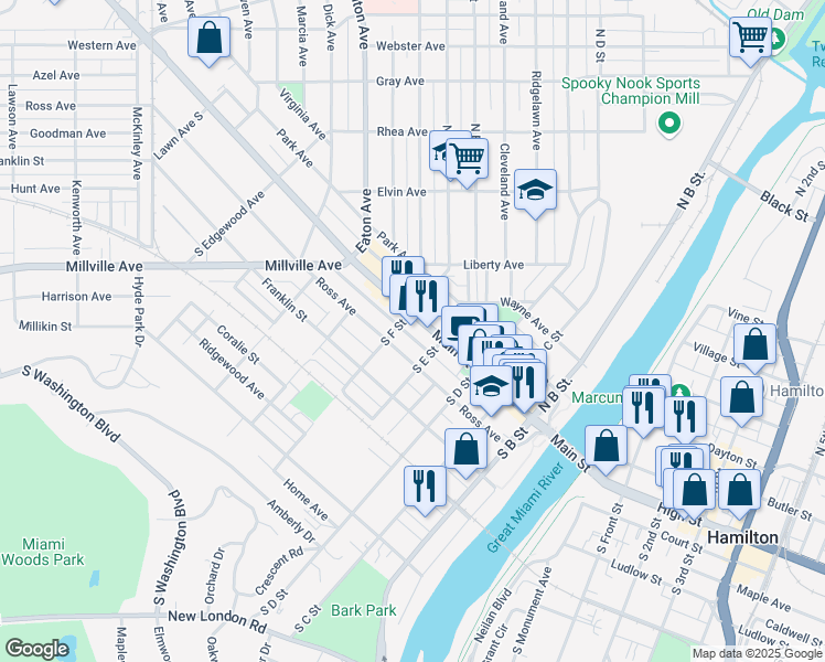 map of restaurants, bars, coffee shops, grocery stores, and more near 429 Main Street in Hamilton