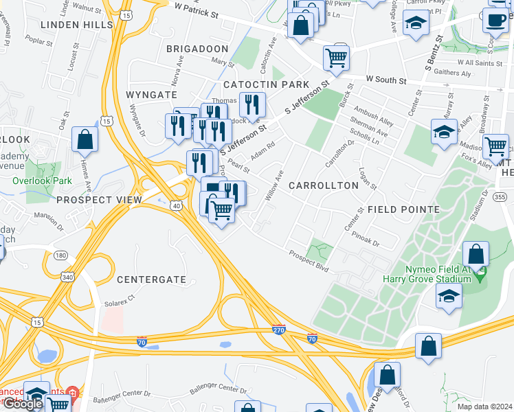 map of restaurants, bars, coffee shops, grocery stores, and more near 424 Blossom Lane in Frederick
