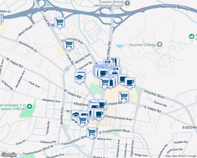 map of restaurants, bars, coffee shops, grocery stores, and more near 828 Dulaney Valley Road in Towson