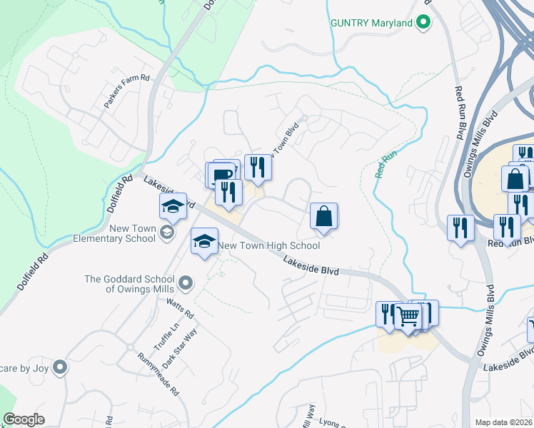 map of restaurants, bars, coffee shops, grocery stores, and more near 9332 Town Place Drive in Owings Mills