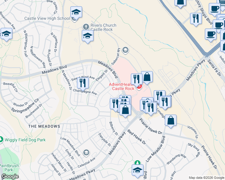 map of restaurants, bars, coffee shops, grocery stores, and more near 4300 Swanson Way in Castle Rock
