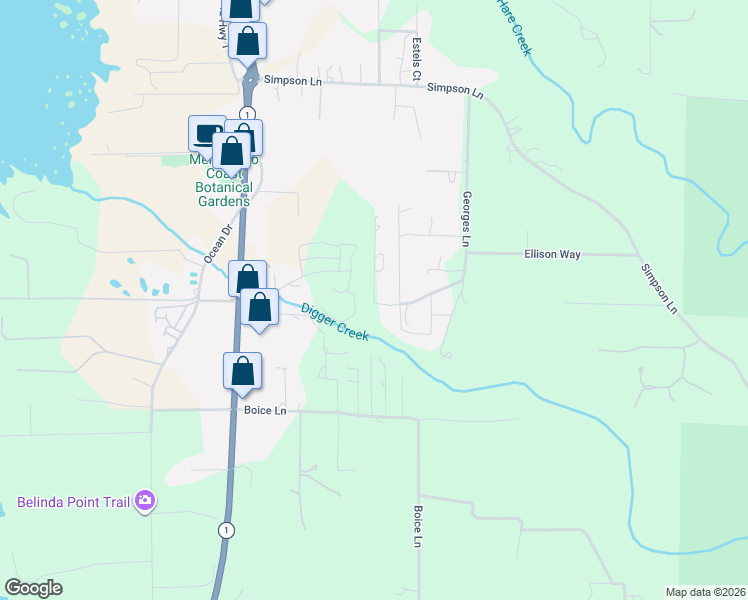 map of restaurants, bars, coffee shops, grocery stores, and more near 17890 Georges Ln in Fort Bragg