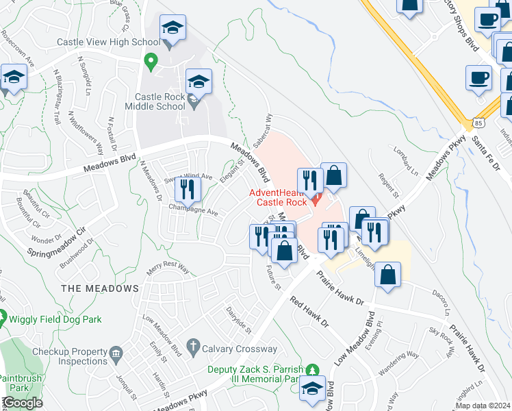 map of restaurants, bars, coffee shops, grocery stores, and more near 4270 Swanson Way in Castle Rock