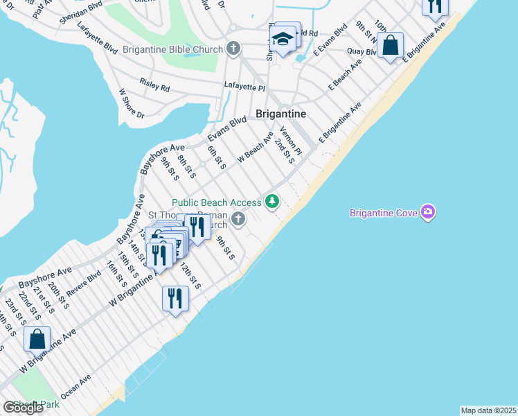 map of restaurants, bars, coffee shops, grocery stores, and more near 600 West Brigantine Avenue in Brigantine