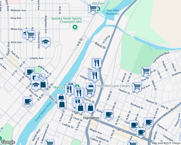 map of restaurants, bars, coffee shops, grocery stores, and more near 425 North 2nd Street in Hamilton