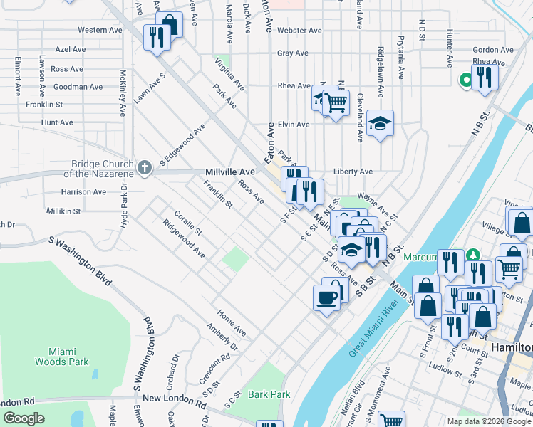 map of restaurants, bars, coffee shops, grocery stores, and more near 502 Ross Avenue in Hamilton
